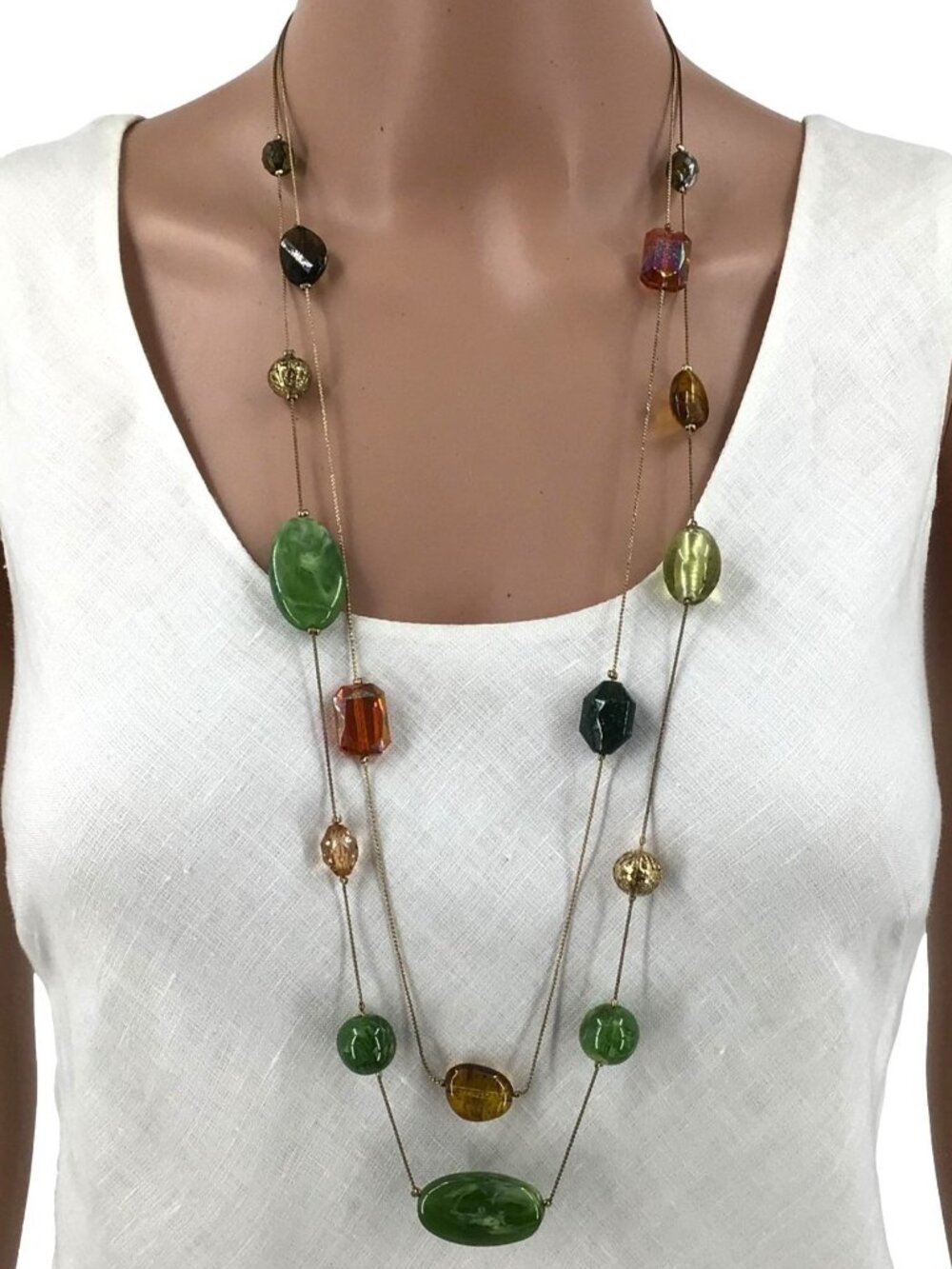 Double Strand Necklace Natural Stone Serpentine and Quartz Mixed Beaded